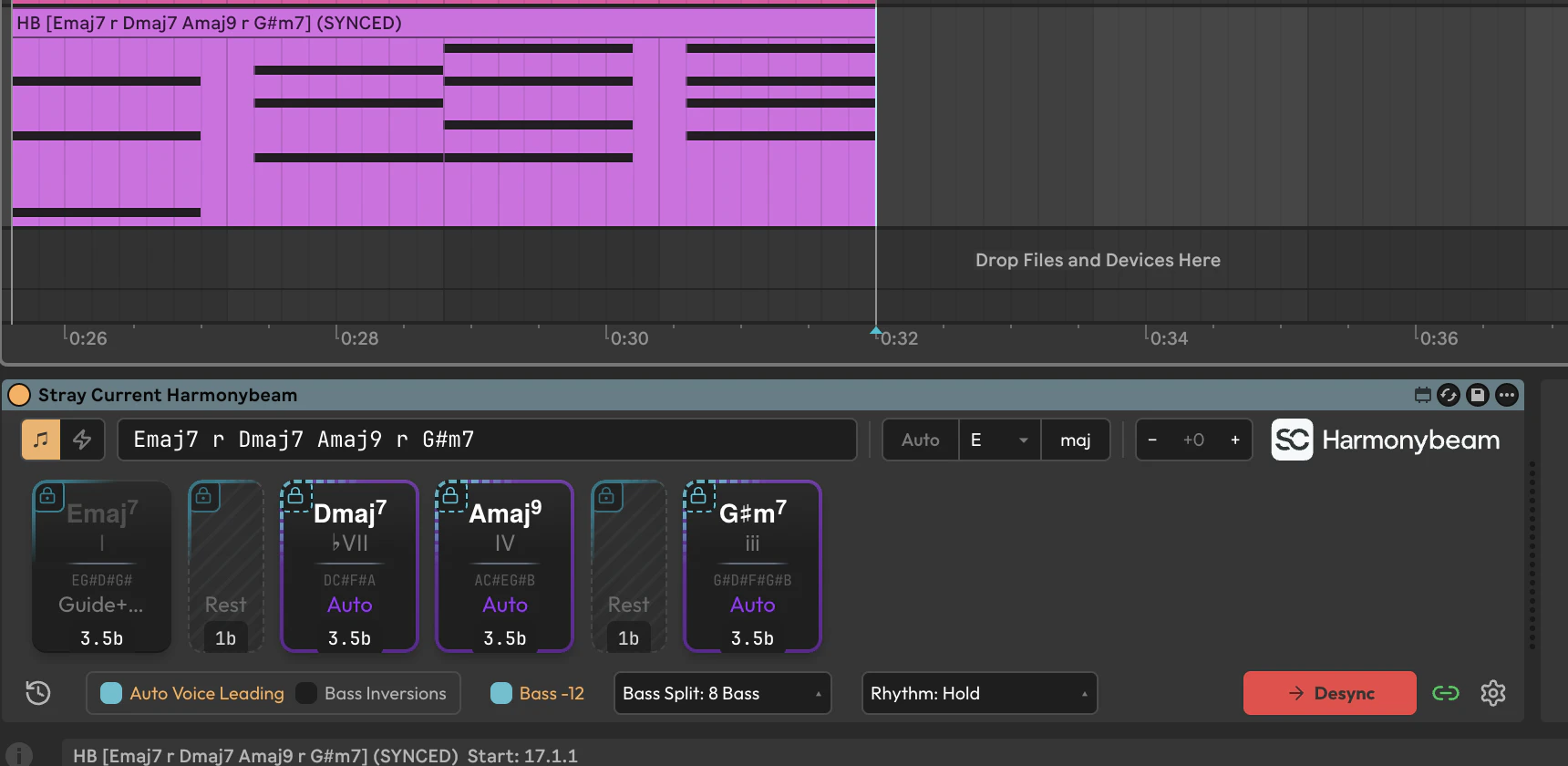 Harmonybeam chord progression synced to an Ableton Live arrangement