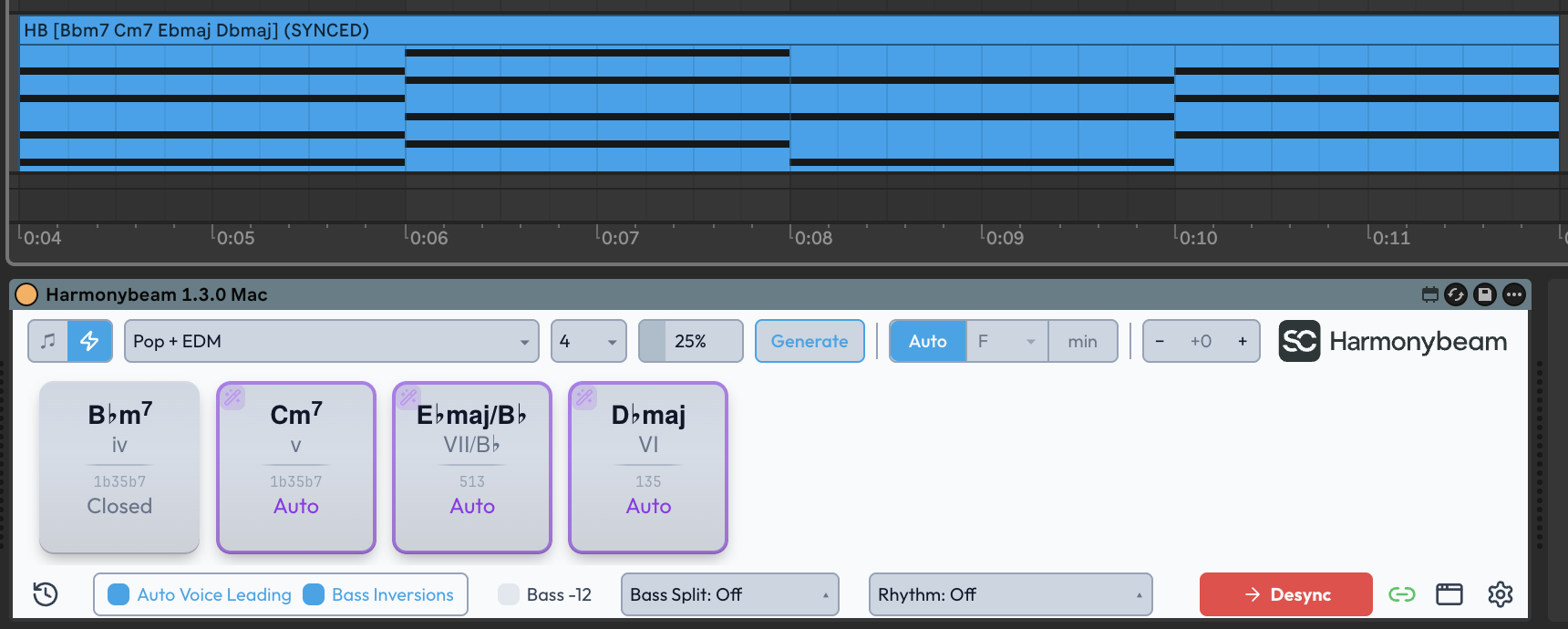 Harmonybeam displaying chord blocks while synced to a MIDI clip in Ableton Live