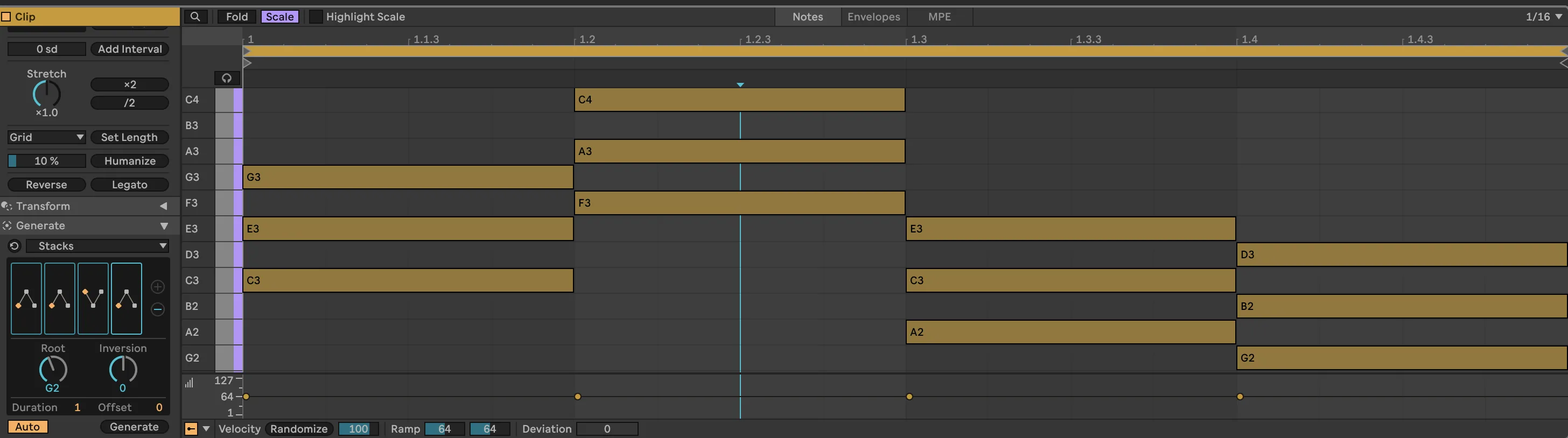 Ableton Live 12 Stacks generator creating a four-chord MIDI progression