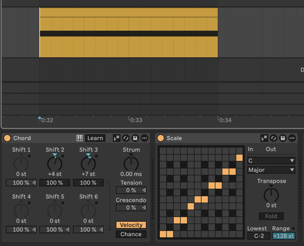 Ableton Live MIDI track using the stock Chord and Scale effects