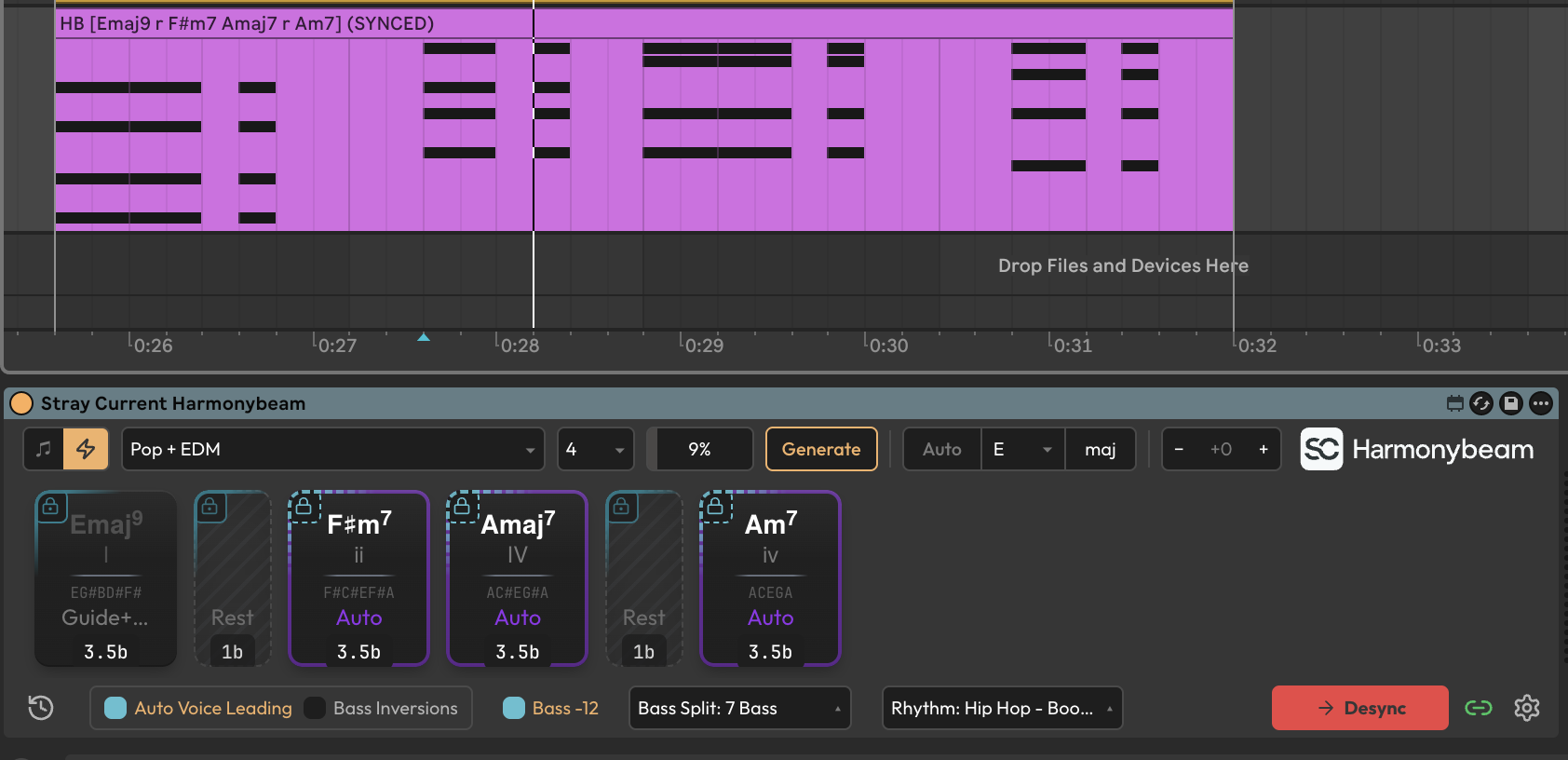 Harmonybeam 1.2 showing rest blocks, chord locks, and the chord progression workflow in Ableton Live