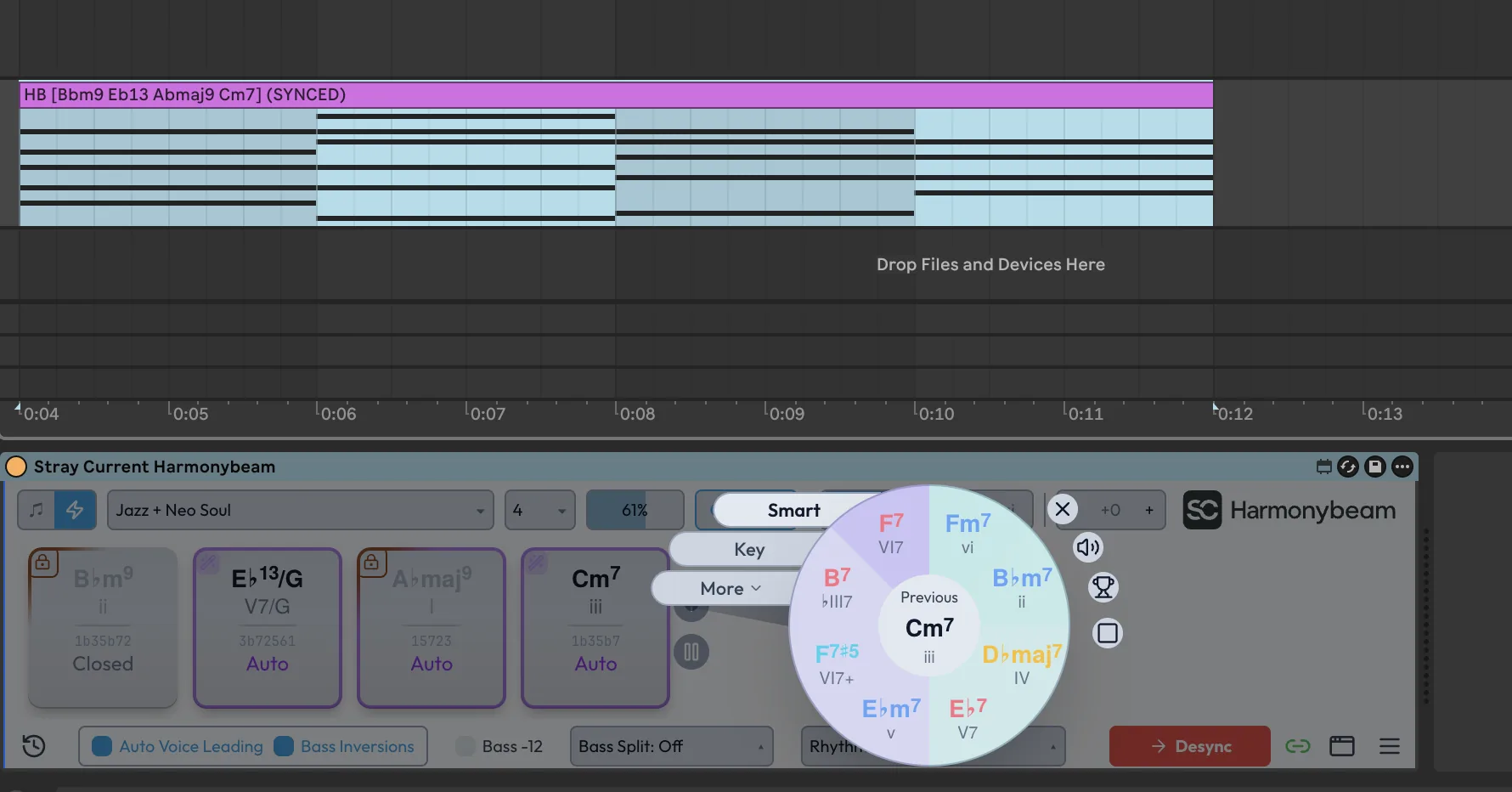 Harmonybeam regenerating unlocked chords while preserving locked chords in a synchronized Ableton Live clip