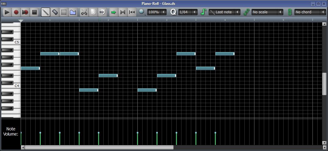 LMMS piano roll showing MIDI notes on a pitch and time grid