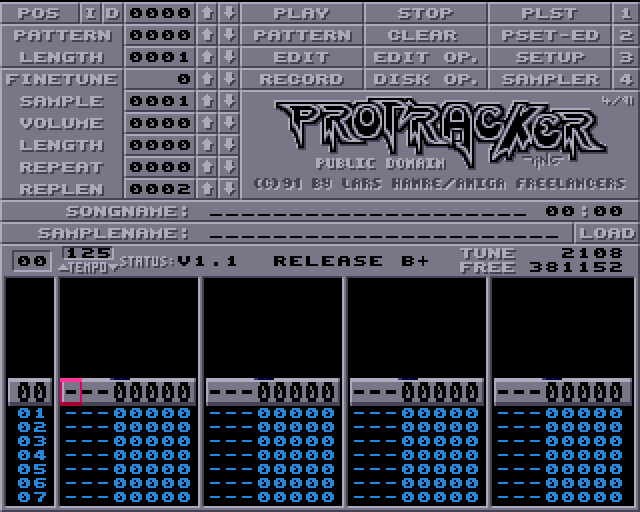 ProTracker 1.1 showing its vertical pattern grid on an Amiga